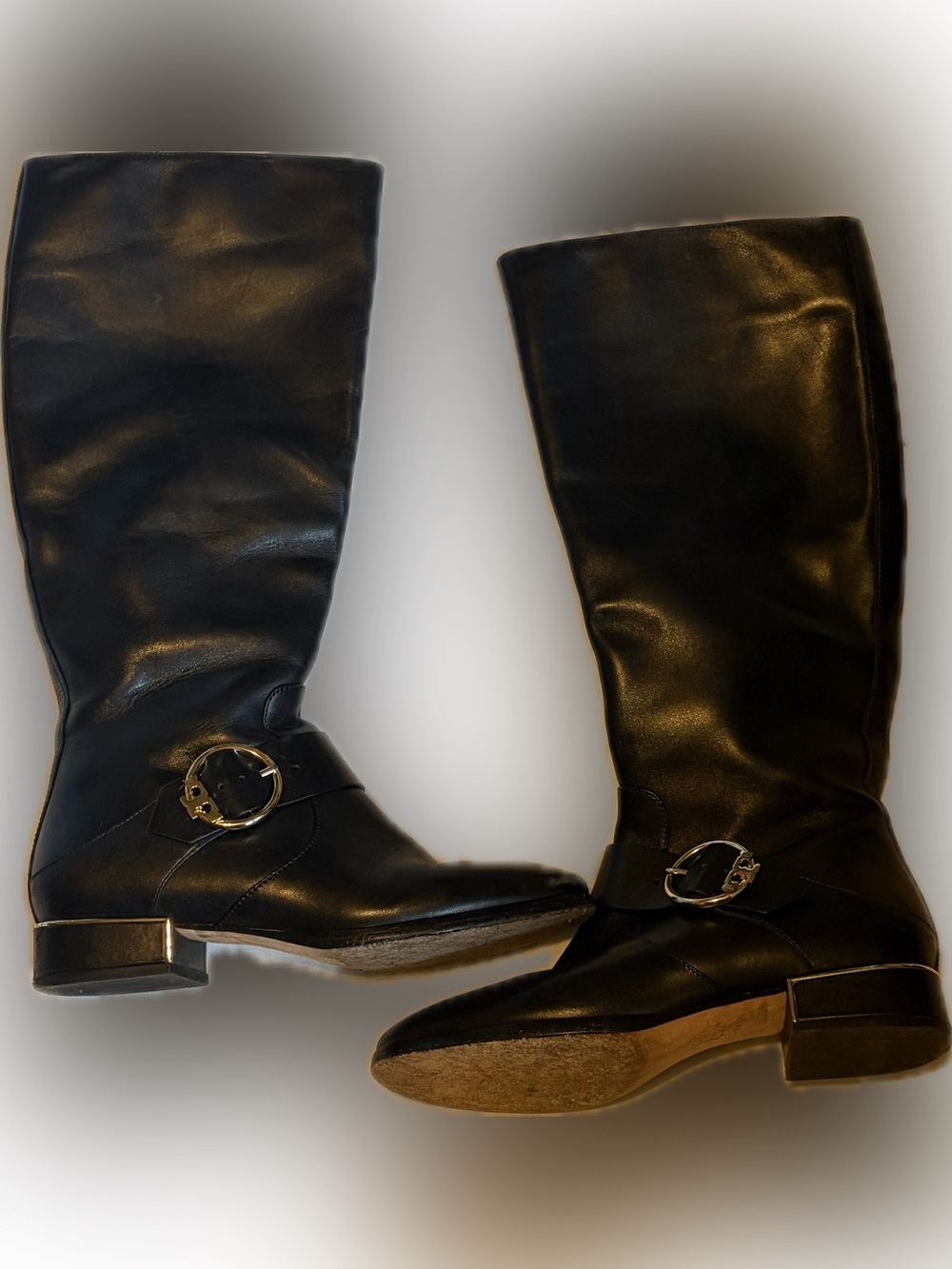 Tory Burch Black Leather Knee Boots with Gold Buckle Detail